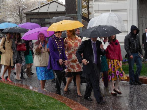 Women and men walking in line at Ordain Women's April 2014 Priesthood Action
