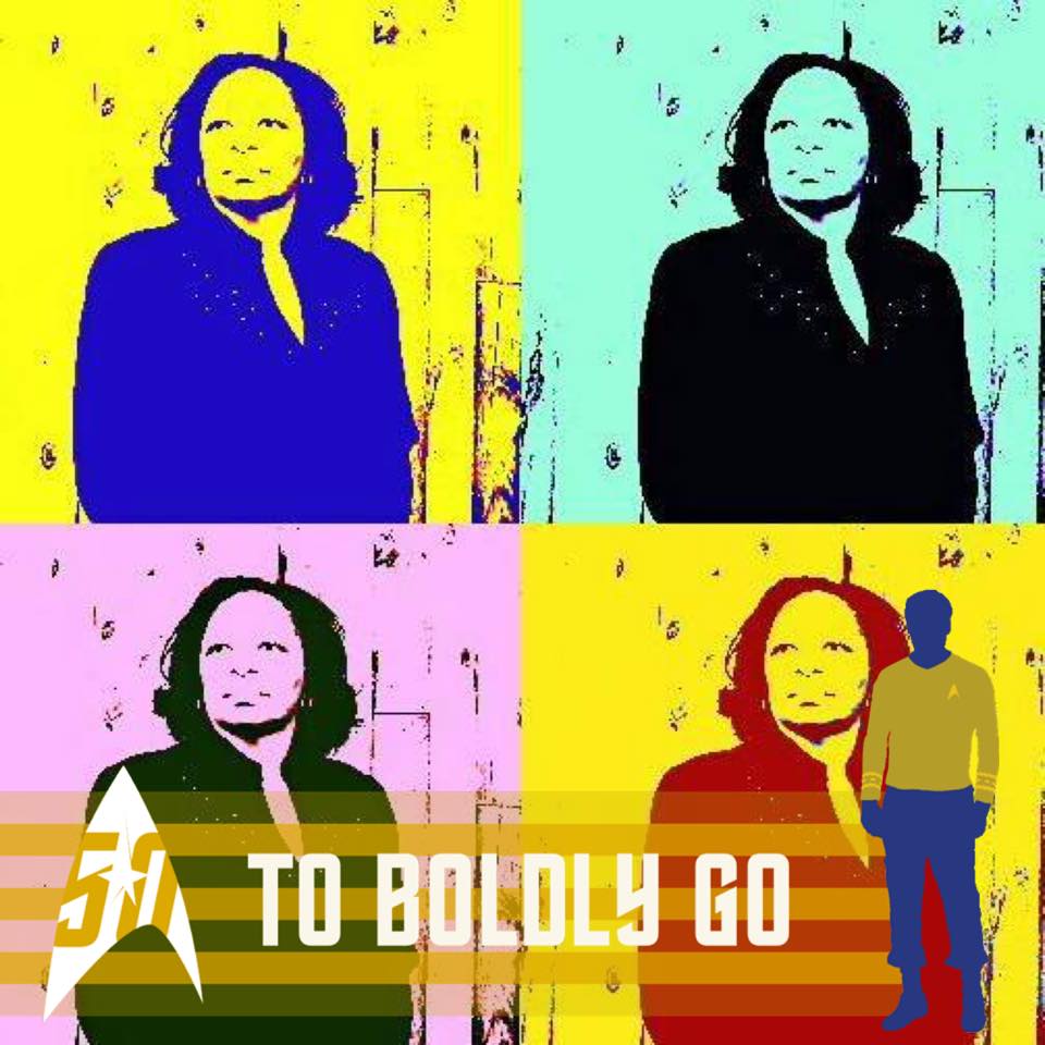 Four pictures of Bryndis Roberts in silk-screen style colors, with the Star Trek logo and the words "To Boldly Go"