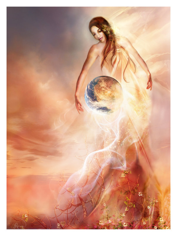 Image of a woman with arms extended around earth, as though in the act of creating it.
