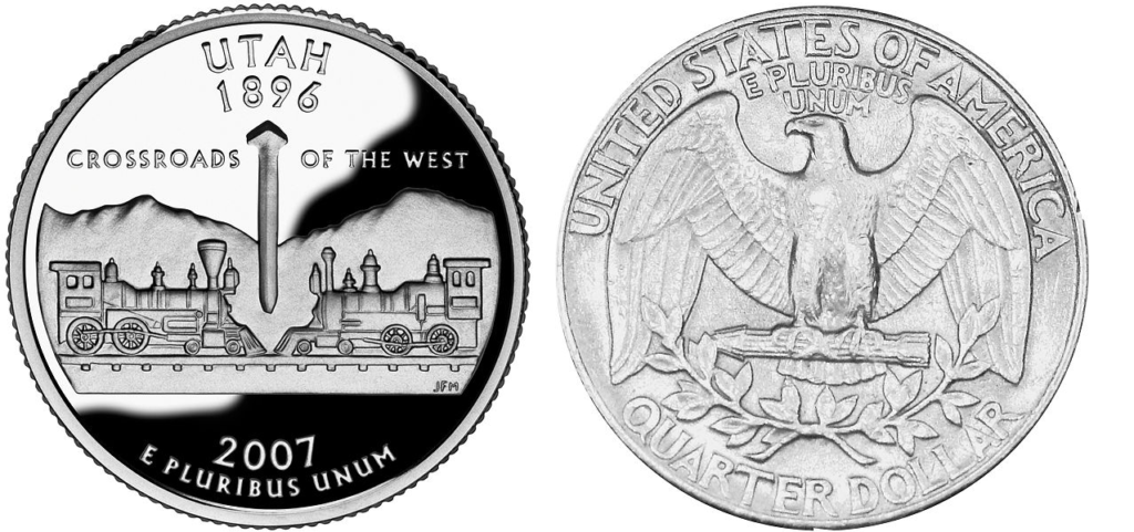 The image shows both sides of a U.S. coin called a quarter. The front of the coin shows the words "Utah 1896: Crossroads of the West." The back of the coin looks like the back of any quarter in the U.S.