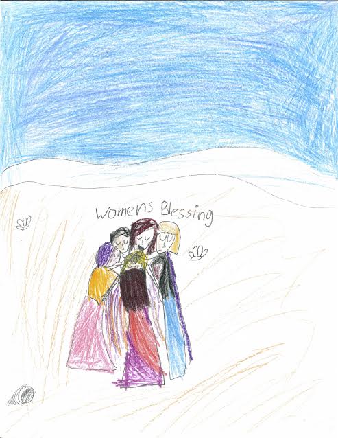 Child's drawing of women standing in a circle, text reads women's blessing.