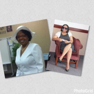 Two photos of Bryndis Roberts. In the picture on the right she is standing, wearing a white dress and hat. In the picture on the left she is sitting, wearing a black and white dress and sunglasses.