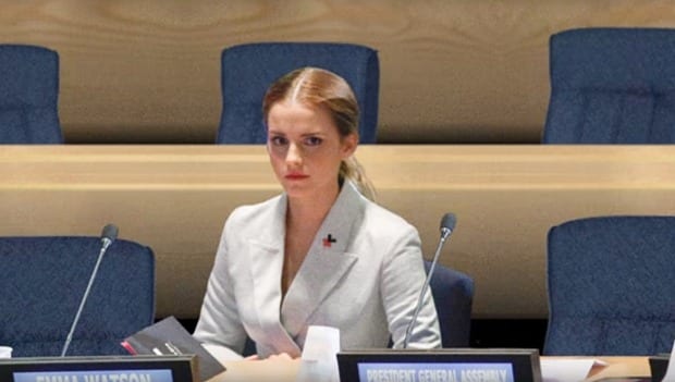 Emma Watson, apparently sitting alone in the UN Chamber. (Men have been photo-shopped out of the picture.)