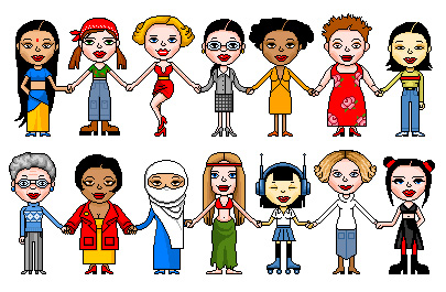 Image is a drawing of 14 women, standing in two lines. There is a variety of representation in race and culture.