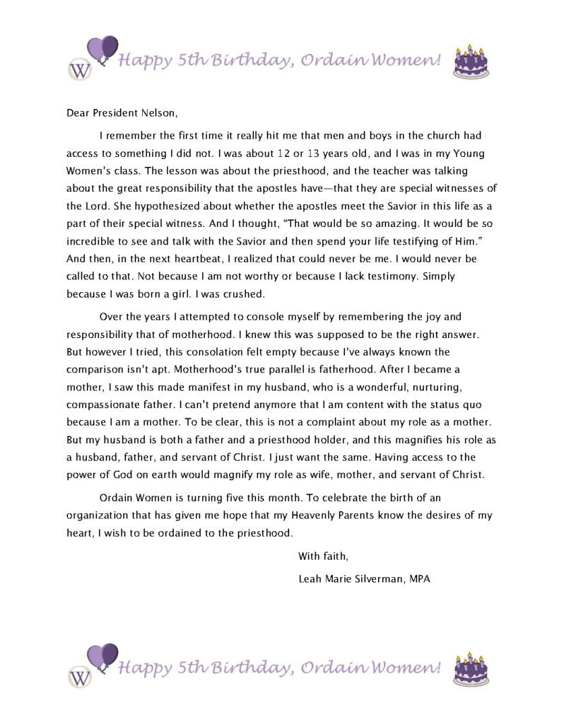 An image of Leah Marie's letter to President Nelson, printed with the Ordain Women 5th Birthday letterhead. The text of the letter is the text of this post.