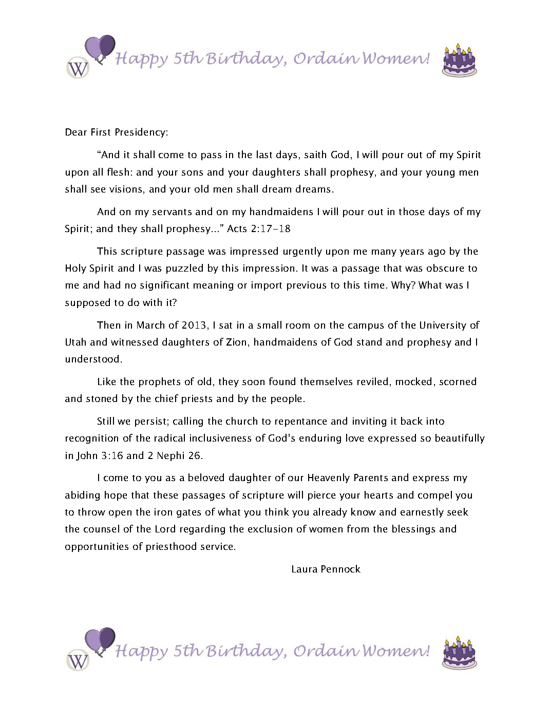An image of Laura's letter to First Presidency. printed with the Ordain Women 5th birthday letterhead. The text of the letter is the text of this post.