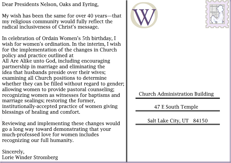 An image of Lorie's postcard to First Presidency. printed with the Ordain Women 5th logo. The text of the postcard is the text of this post.