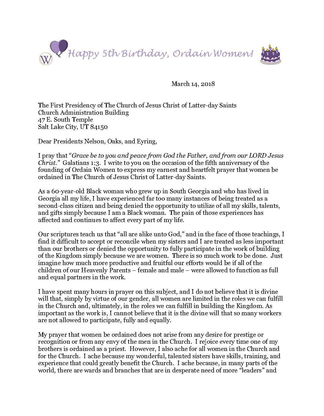 An image of page 1 of Bryndis's letter to First Presidency. printed with the Ordain Women 5th Birthday letterhead. The text of the letter is the text of this post.
