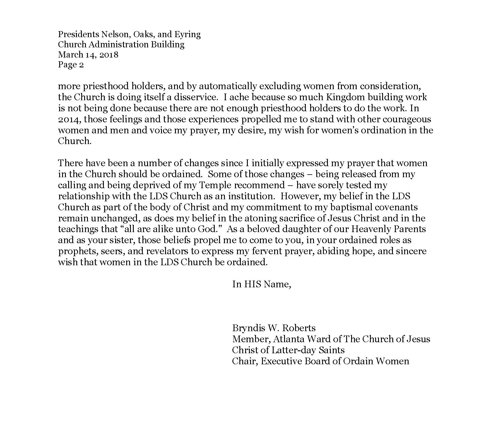 An image of page 2 of Bryndis's letter to First Presidency. printed with the Ordain Women 5th Birthday letterhead. The text of the letter is the text of this post.